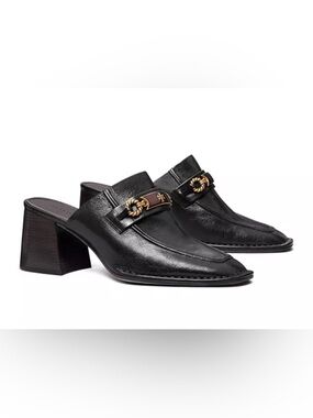 Tory Burch Women's Perrine Mule Pumps Black Leather Block Heel with Gold Accent